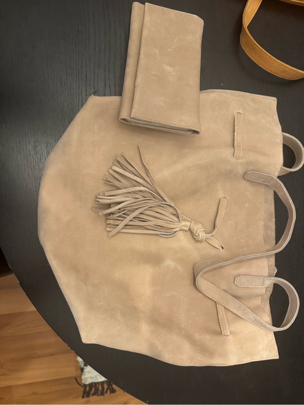 Able Beige Suede Shoulder Tote with Tassel